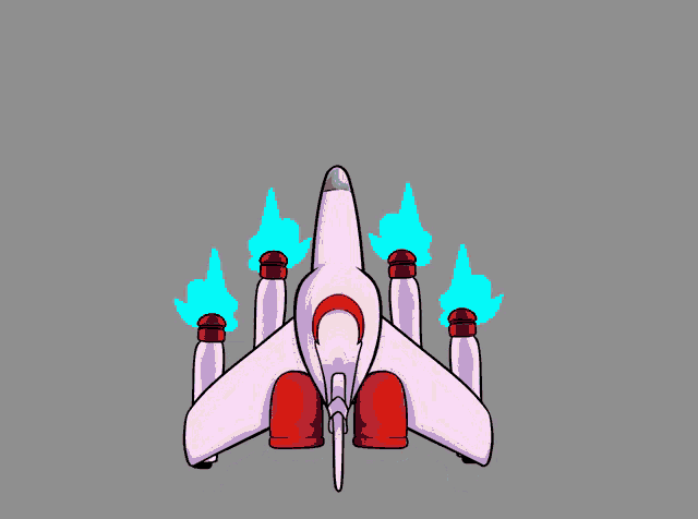 a cartoon drawing of a white jet with red and blue flames