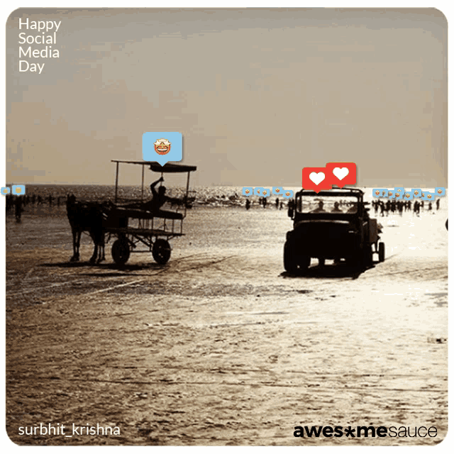 a picture of a horse drawn carriage on a beach with the words happy social media day