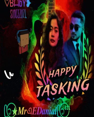 a poster that says happy tasking with a man and a woman on it