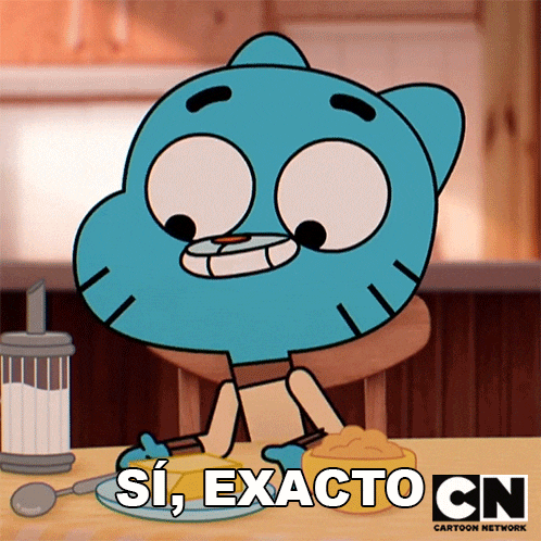 gumball from the amazing world of gumball sits at a table eating food