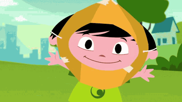a cartoon character is wearing a green shirt and a yellow hood