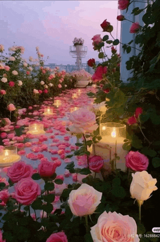a row of pink roses surrounded by candles