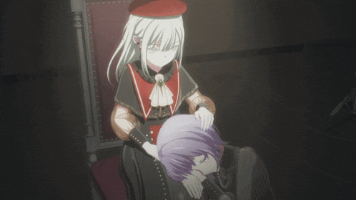a girl with white hair and a red hat is putting her hand on a boy 's head
