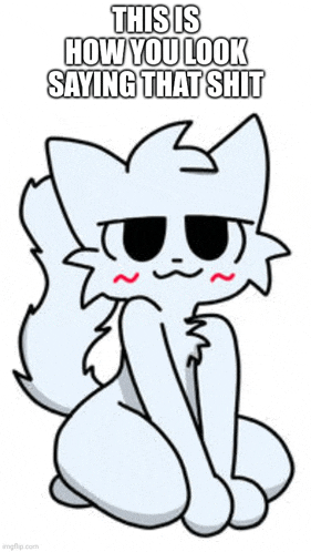 a white cat is sitting down and making a face .