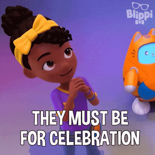 a cartoon girl says they must be for celebration next to an orange cat