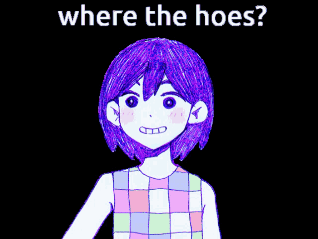 a drawing of a girl with purple hair and the words " where the hoes " above her