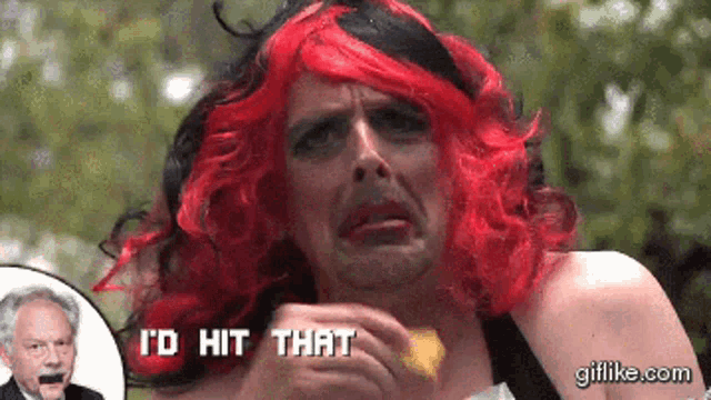 a man with red hair says " i 'd hit that " while eating