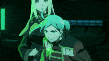 two anime characters are standing next to each other and one of them has the letter n on her shirt