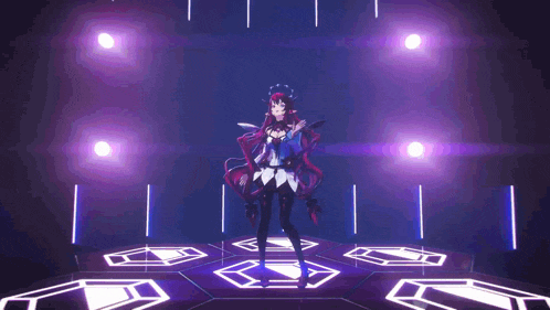 a girl with long red hair is dancing in a dark room