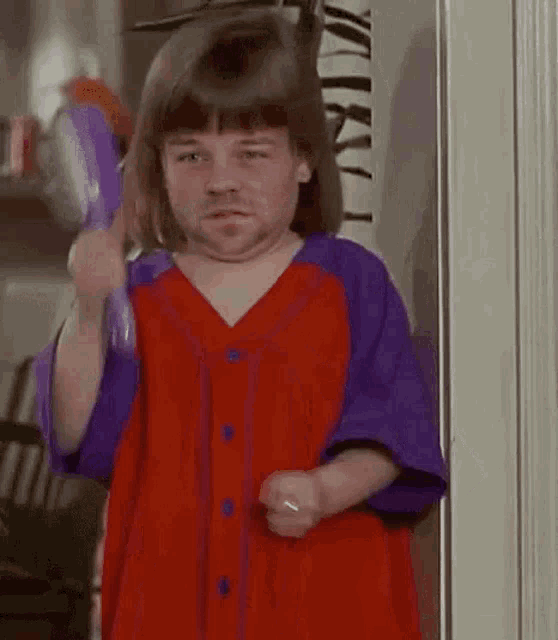 a little boy in a red and purple shirt is holding a brush .