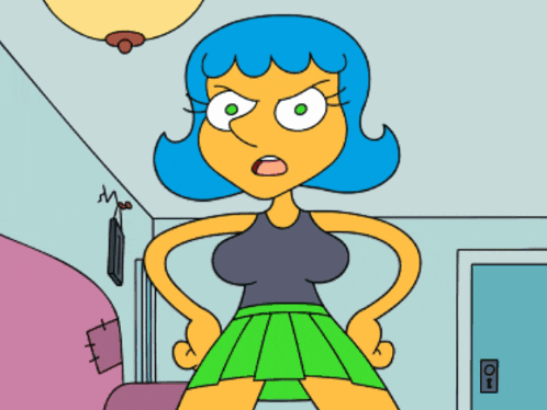 a cartoon drawing of a woman with blue hair and green eyes