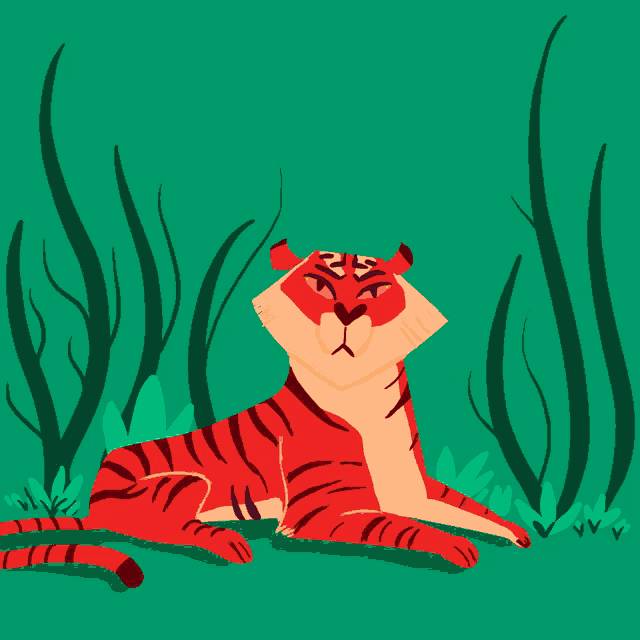 an illustration of a tiger laying in the grass with a green background and a foreign language written below it
