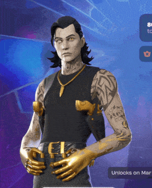 a man in a black shirt and gold gloves has a unlocks on mar icon below him