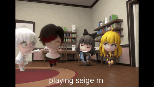 a group of cartoon characters are playing seige rn in a room