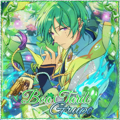 a boy with green hair is holding a gun and the words boa tarde grupo are above him