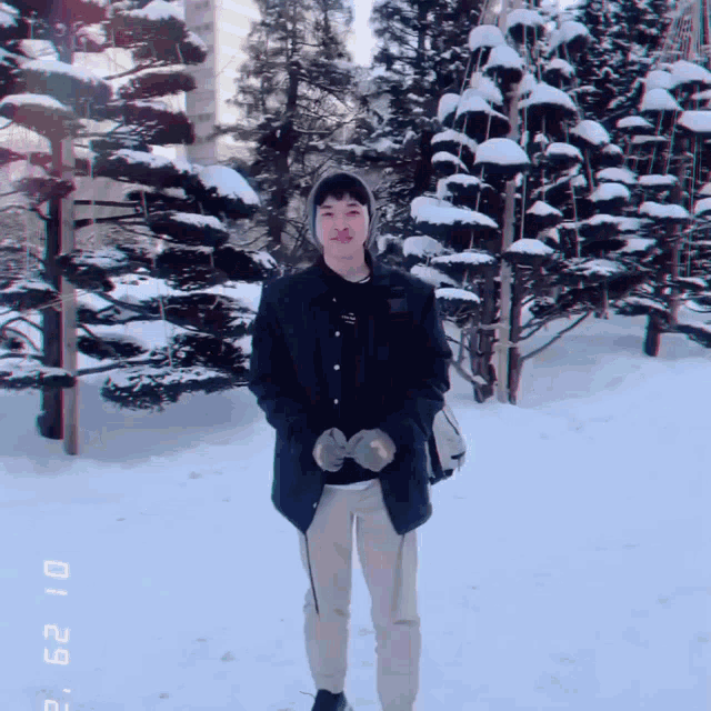 a man in a black jacket stands in the snow with the date 01/22/20