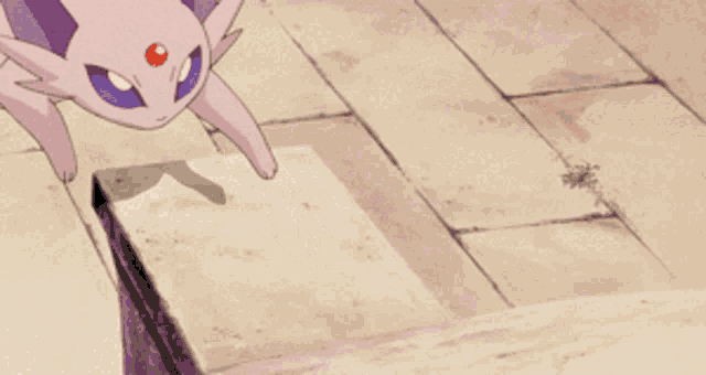 a cartoon drawing of a purple rabbit with a blue eye
