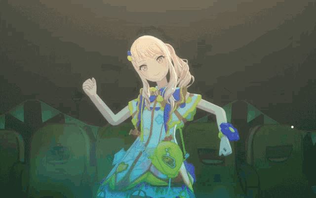 a girl in a blue dress has her arms up in the air