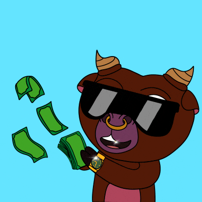 a cartoon bull wearing sunglasses and a watch holds a stack of money