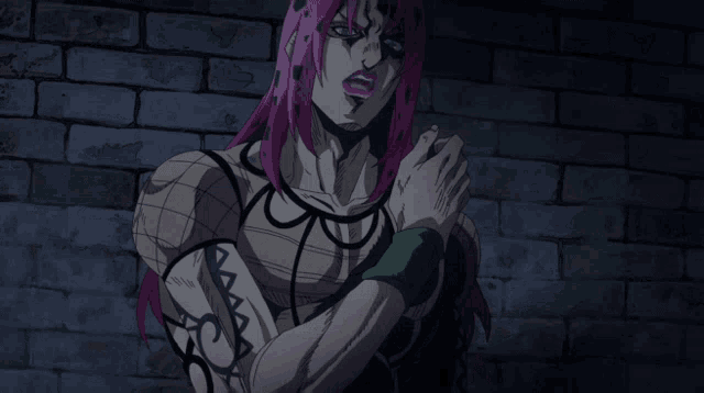 a cartoon character with pink hair has a green wristband