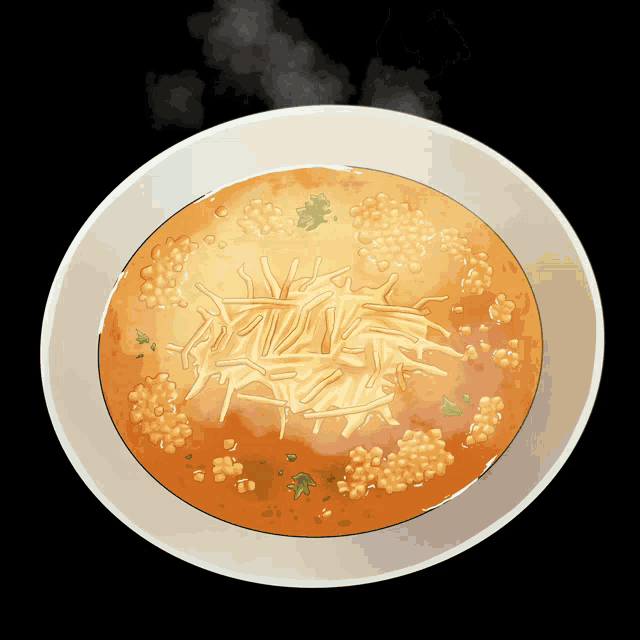 a bowl of soup with noodles and a green leaf on top