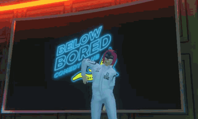 a person standing in front of a sign that says below bored