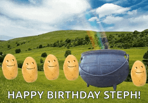 a birthday card for steph with potatoes and a cauldron with a rainbow coming out of it
