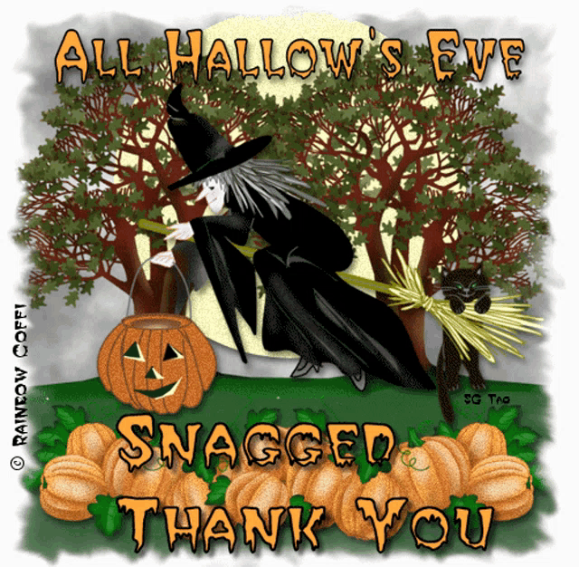 all hallow 's eve snagged thank you poster with a witch on a broom