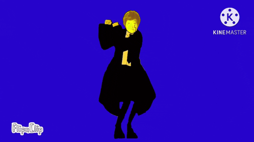 a man in a black coat is dancing in front of a blue background that says kinemaster on the bottom