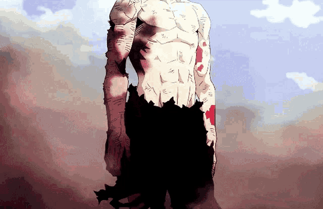 a man without a shirt is standing in the dirt with blood on his arm .