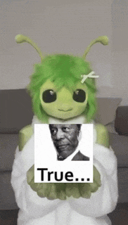 a stuffed animal with green hair is holding a picture of a man with the words true on it