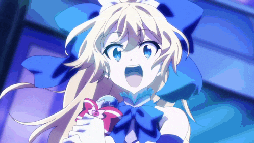 a blonde anime girl with blue eyes is holding a microphone