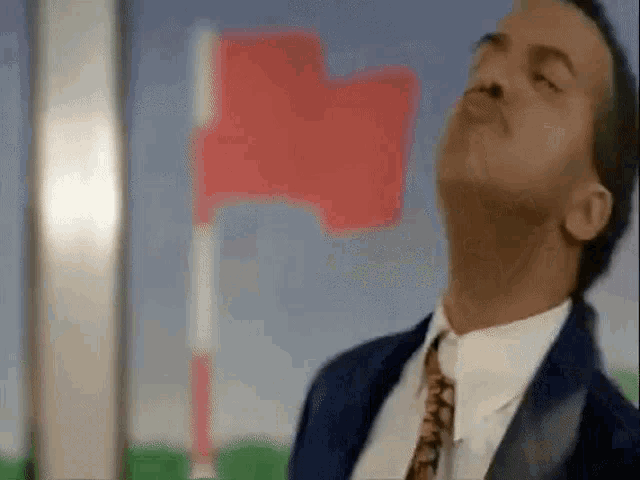 a man in a suit and tie is standing in front of a flag .