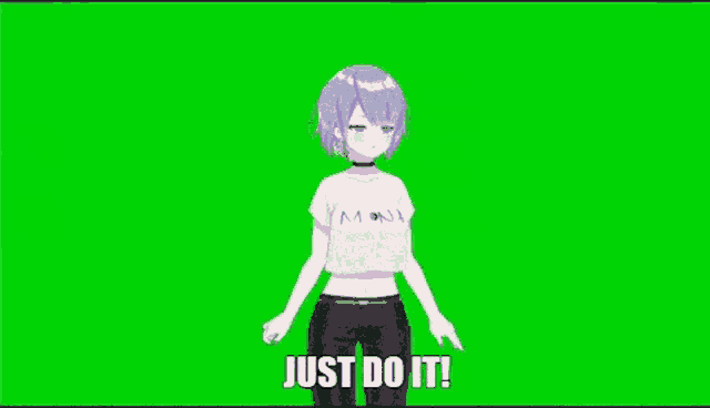 a 3d anime girl with purple hair is standing in front of a green screen and says `` just do it '' .