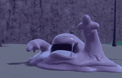 a purple monster is laying on the ground with its mouth open