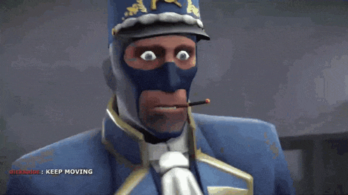 a man in a blue uniform has a cigarette in his mouth and says keep moving in the lower right corner