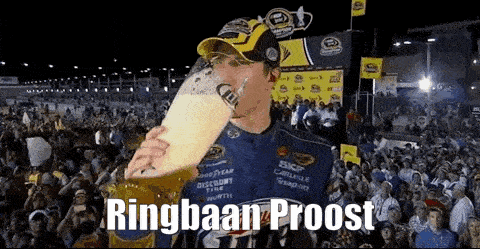 a man is drinking a beer in front of a crowd with the words ringbaan proost written on the bottom