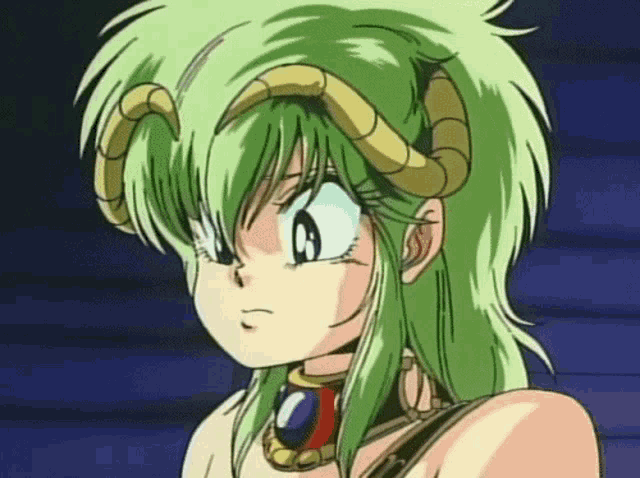 a girl with green hair has horns on her head