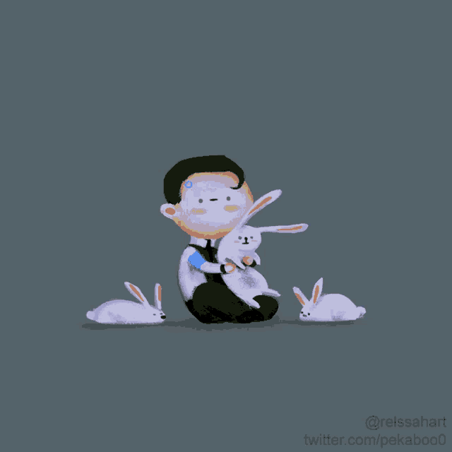 a drawing of a boy holding a stuffed rabbit with twitter.com/pekaboo written below
