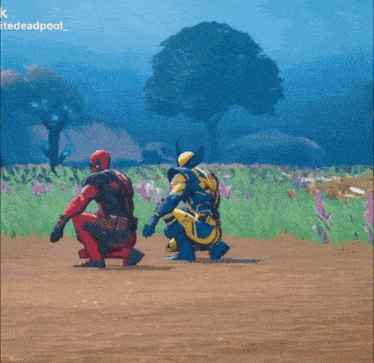 deadpool and wolverine are walking in a field