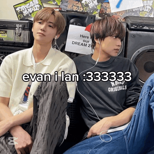 two young men are sitting next to each other with evan i lan 3:33333 written on the bottom