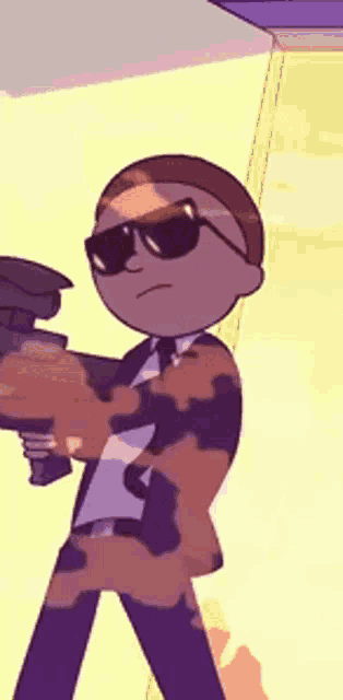 a cartoon character wearing sunglasses is holding a gun .