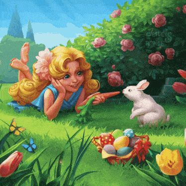 a girl is laying in the grass holding a carrot and a rabbit with the words jewels of rome on the bottom