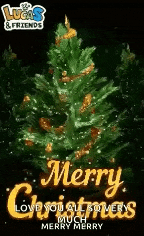 a merry christmas greeting card with a christmas tree in the background