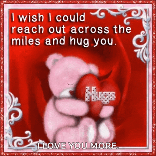 a pink teddy bear holding a red heart with the words hugs on it