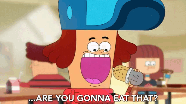 a cartoon character says " are you gonna eat that " while holding a sandwich in his hand