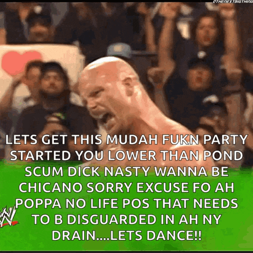 a picture of a wrestler with a caption that says lets get this mudah fkn party started you lower than pond