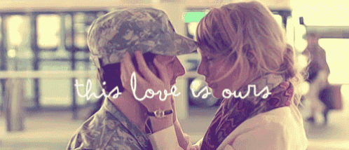 a man in a military uniform kisses a woman with the words " this love is ours " written above them