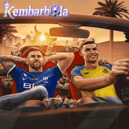 two soccer players are sitting in a car with the words kembarbola on the bottom