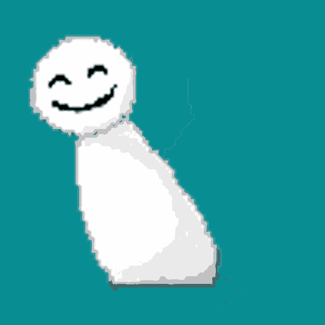 a pixel art drawing of a snowman with a smiley face on it .